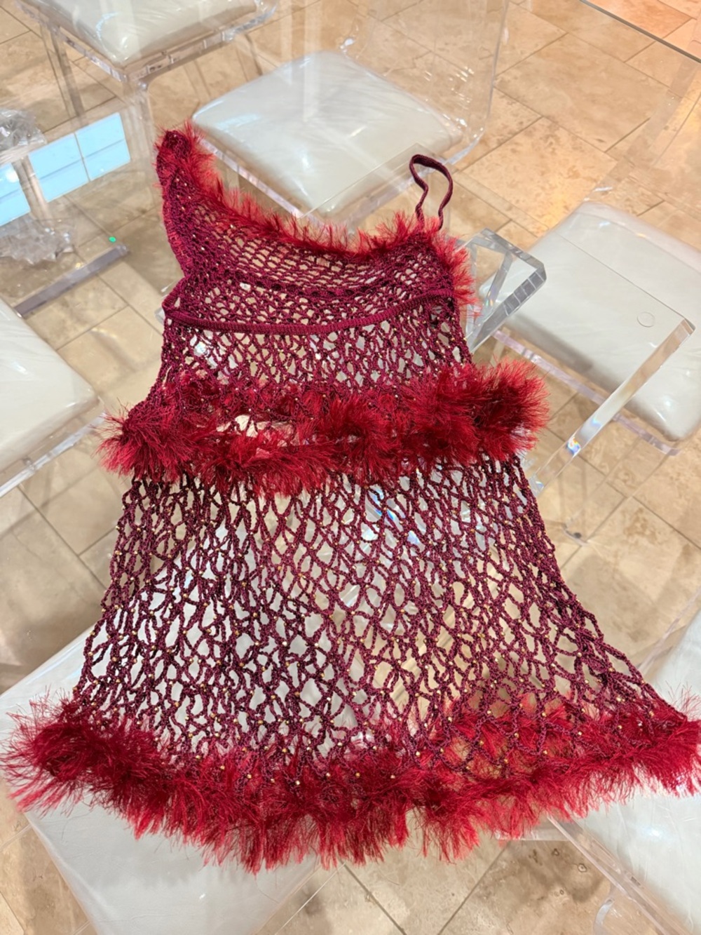 Red Feather-Trim Knit Mesh intimate 3 piece set.